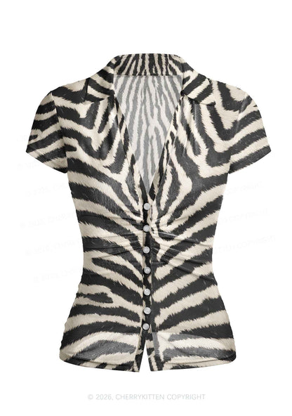 Black And White Zebra Striped Y2K Mesh Ruched Waist V Neck Top Cherrykitten