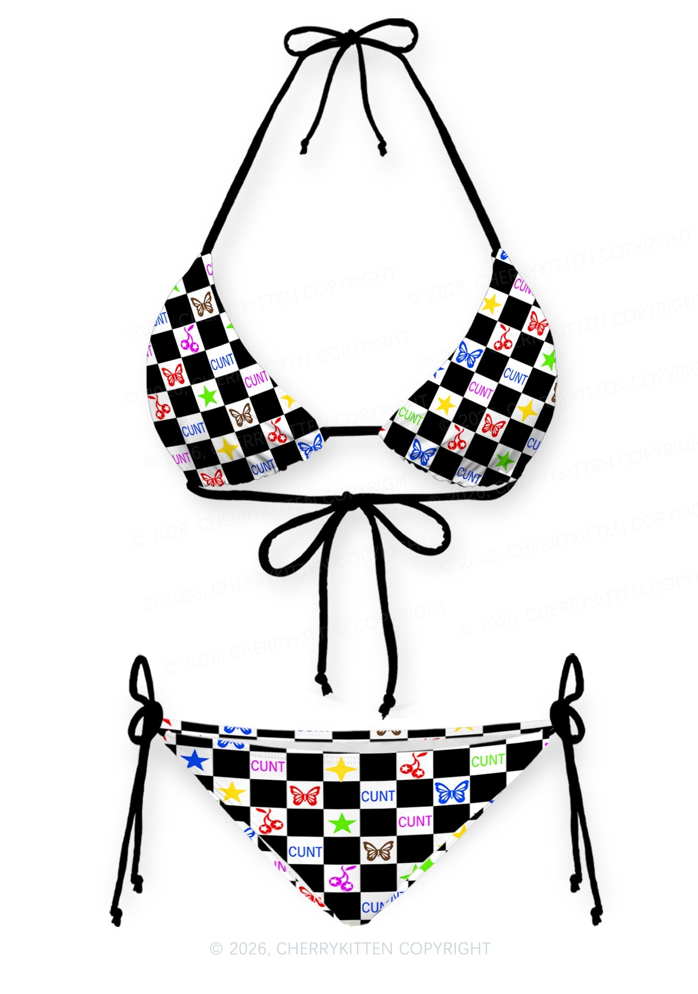 Black White Checkered Cxxt Y2K Print Bikini Set Cherrykitten