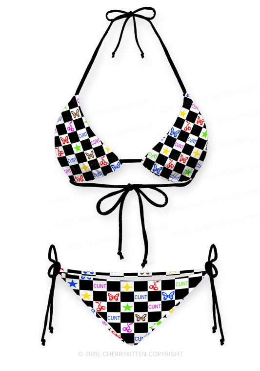 Black White Checkered Cxxt Y2K Print Bikini Set Cherrykitten