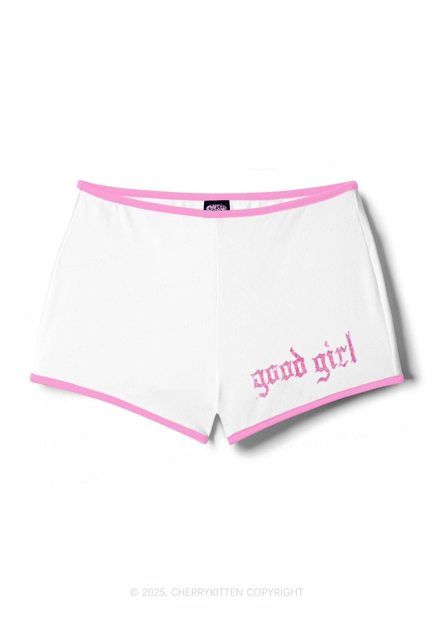 Rhinestone Pink Good Girl Y2K Booty Shorts Cherrykitten