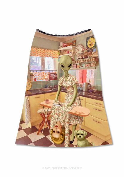 Halloween Alien Housewife Y2K Print Midi Skirt Cherrykitten