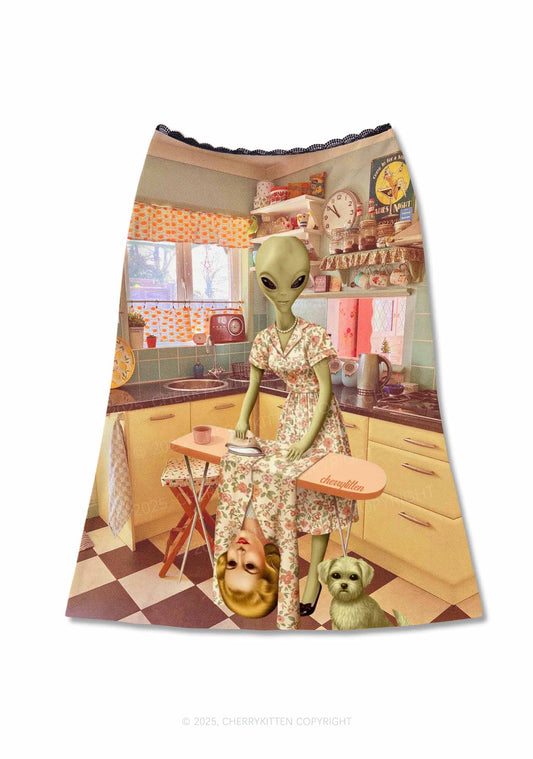 Halloween Alien Housewife Y2K Print Midi Skirt Cherrykitten