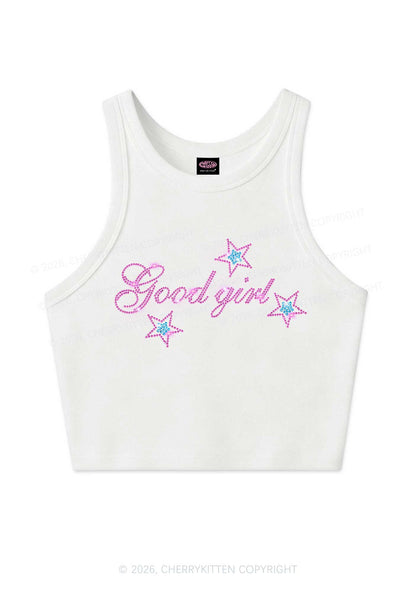 Rhinestone Good Girl Pink Star Y2K Crop Tank Top Cherrykitten