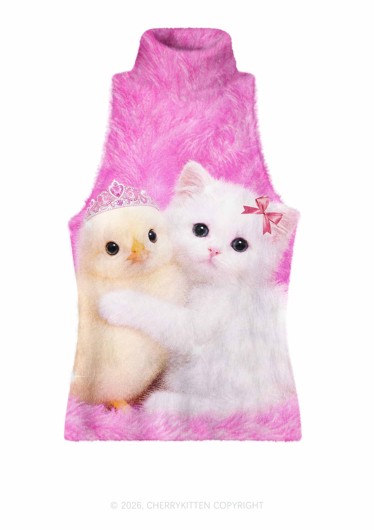 Kitten Hugging Chick Y2K Knit Turtleneck Tank Top Cherrykitten