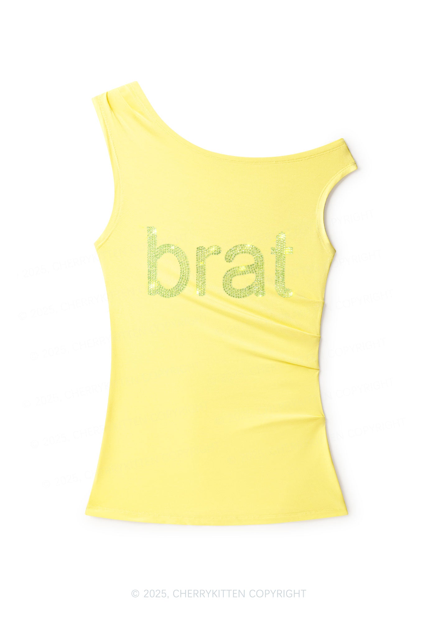 Rhinestone Green Brat Y2K Off Shoulder Tank Top Cherrykitten