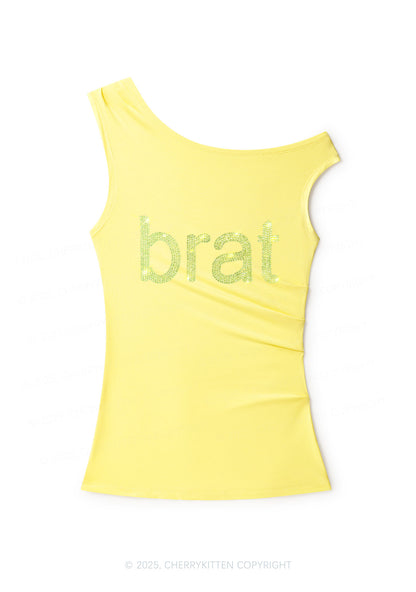 Rhinestone Green Brat Y2K Off Shoulder Tank Top Cherrykitten