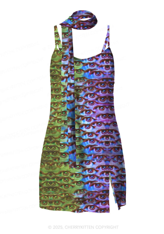 Halloween Spectrum Eyes Y2K Mesh Slip Dress Cherrykitten