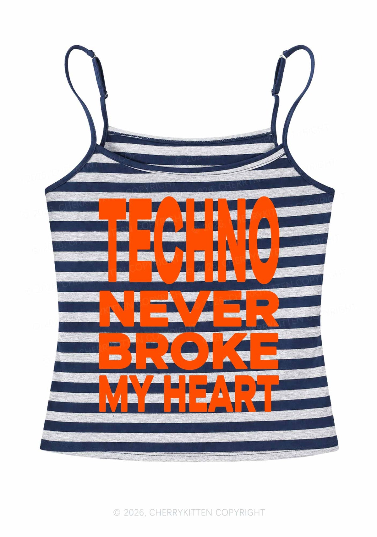 Techno Broke My Heart Y2K Navy Grey Striped Spaghetti Strap Cami Cherrykitten