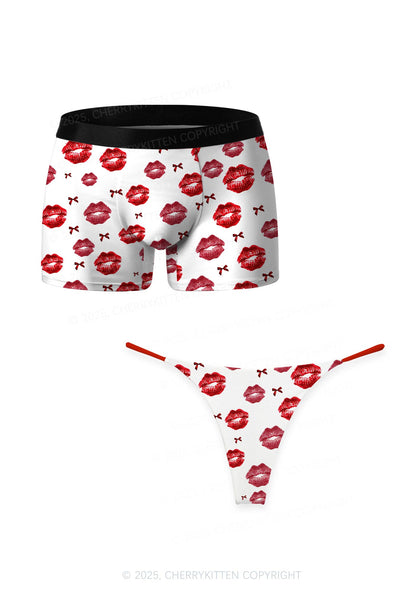 Red Lips Bows Valentine's Day Y2K Print Couples Boxer Thong Set Cherrykitten