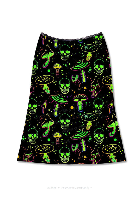 Neon Skull Mushroom Y2K Print Midi Skirt Cherrykitten