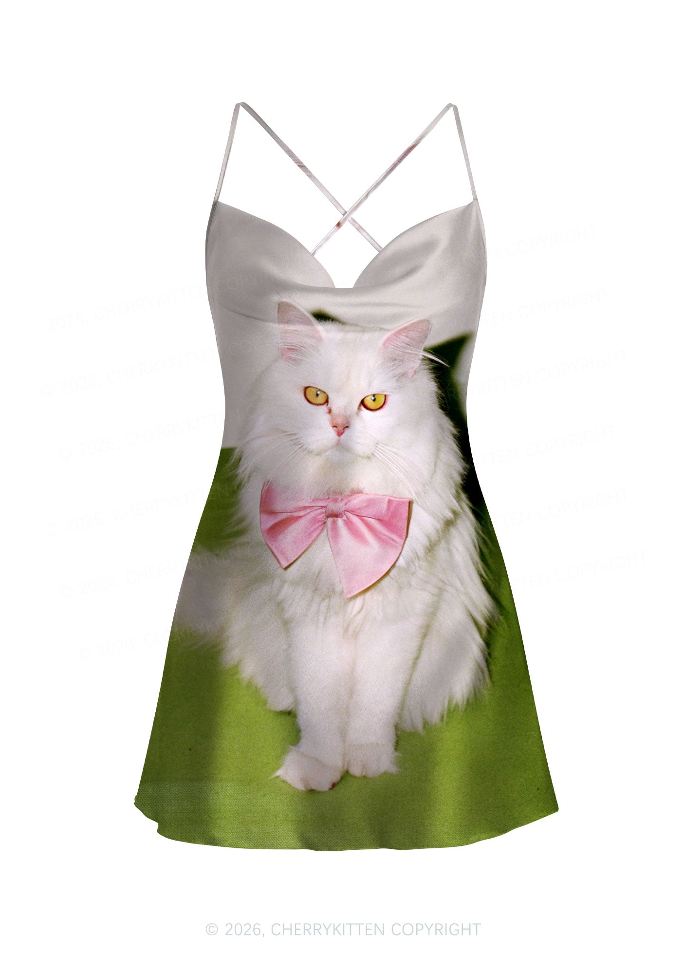 Pink Bow Cat Y2K Print Satin Cowl Neck Slip Dress Cherrykitten