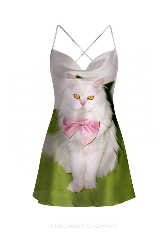 Pink Bow Cat Y2K Print Satin Cowl Neck Slip Dress Cherrykitten