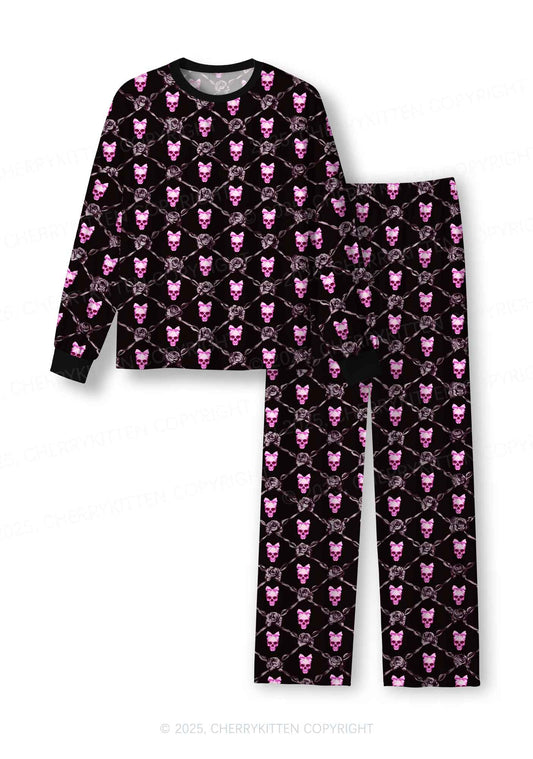 Halloween Pink Skull Y2K Print Long Sleeve Pajama Set Cherrykitten