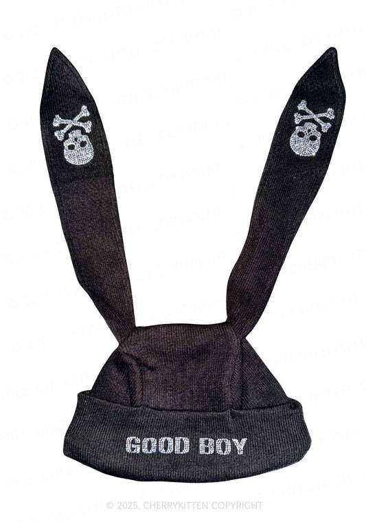 Rhinestone Good Boy Y2K Bunny Ear Knitted Hat Cherrykitten