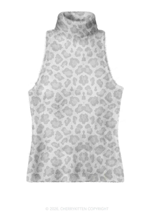 Light Grey Leopard Y2K Knit Turtleneck Tank Top Cherrykitten