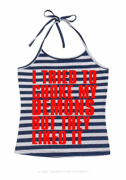 I Tried To Choke My Demons Y2K Navy Grey Striped Halter Neck Cami Cherrykitten