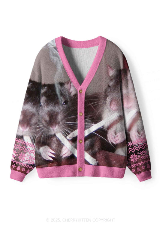 Pink Smoking Rats Y2K Christmas Cardigan Knit Sweatshirt Cherrykitten
