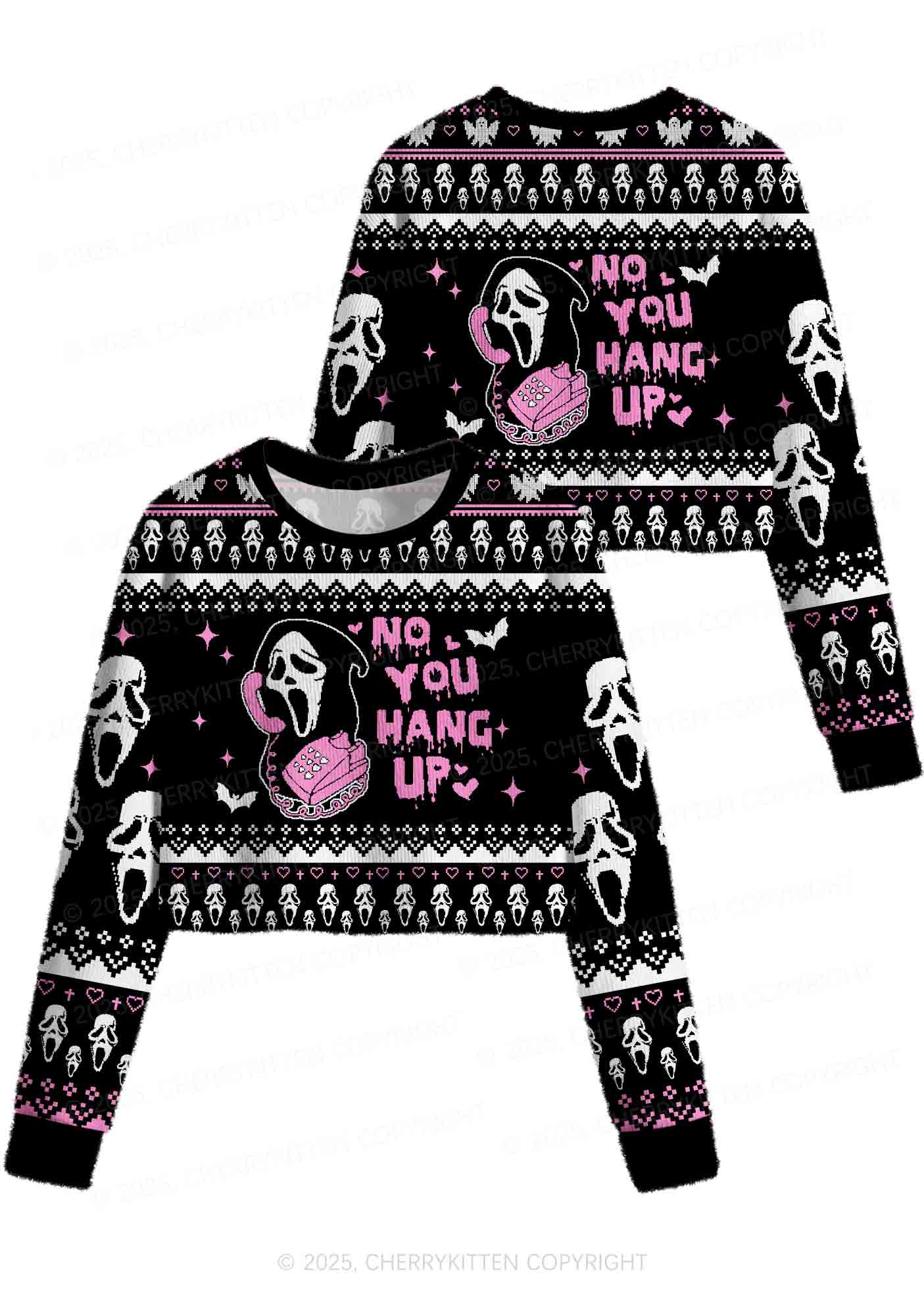 Halloween No You Hang Up Y2K Christmas Crop Knit Sweatshirt Cherrykitten