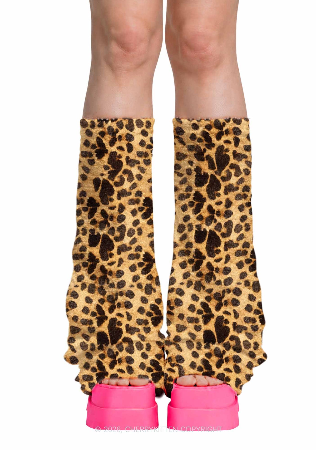 Classic Khaki Leopard Y2K Print Fuzzy Flared Leg Warmers Cherrykitten
