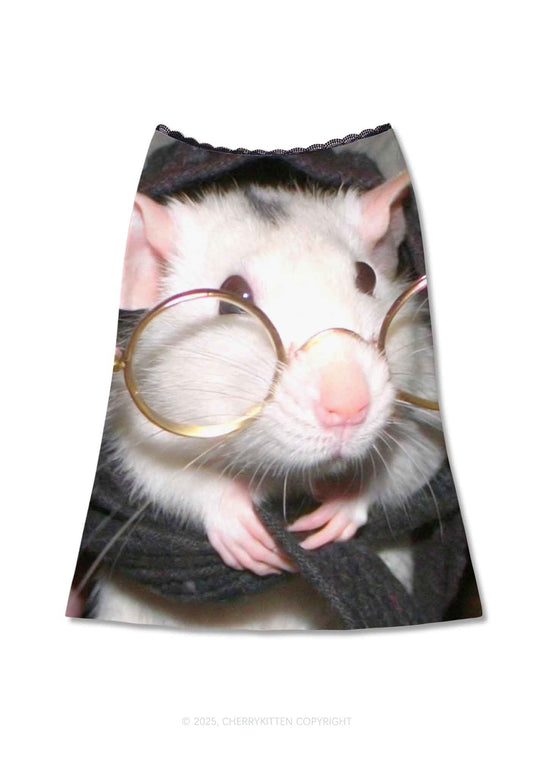 Glasses Rat Y2K Print Midi Skirt Cherrykitten