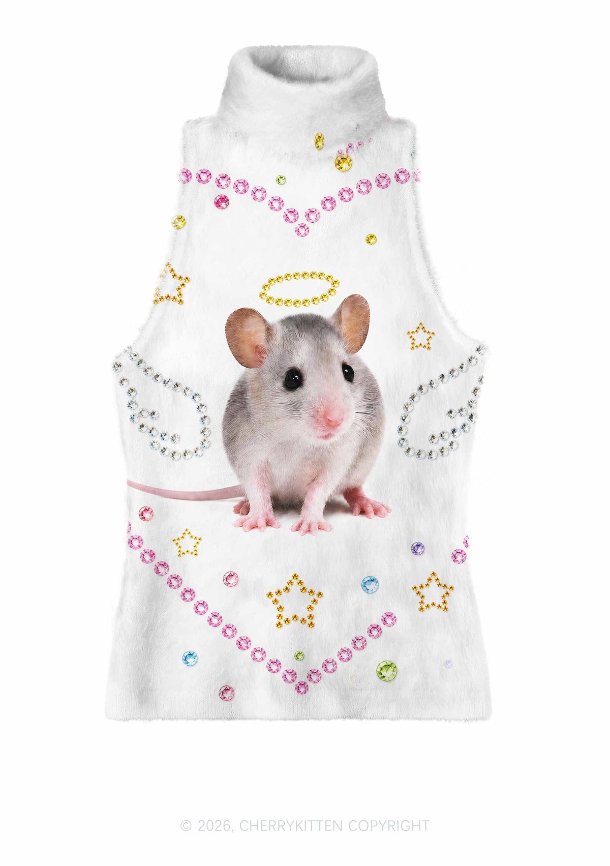 Rhinestone Angel Rat Y2K Knit Turtleneck Tank Top Cherrykitten