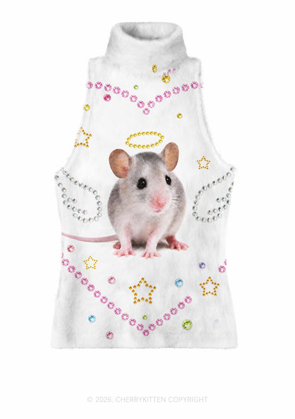 Rhinestone Angel Rat Y2K Knit Turtleneck Tank Top Cherrykitten