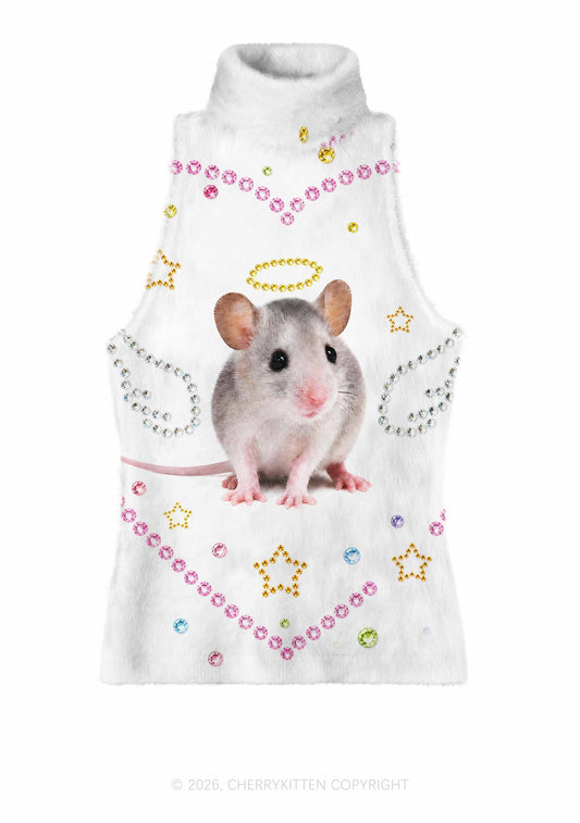 Rhinestone Angel Rat Y2K Knit Turtleneck Tank Top Cherrykitten