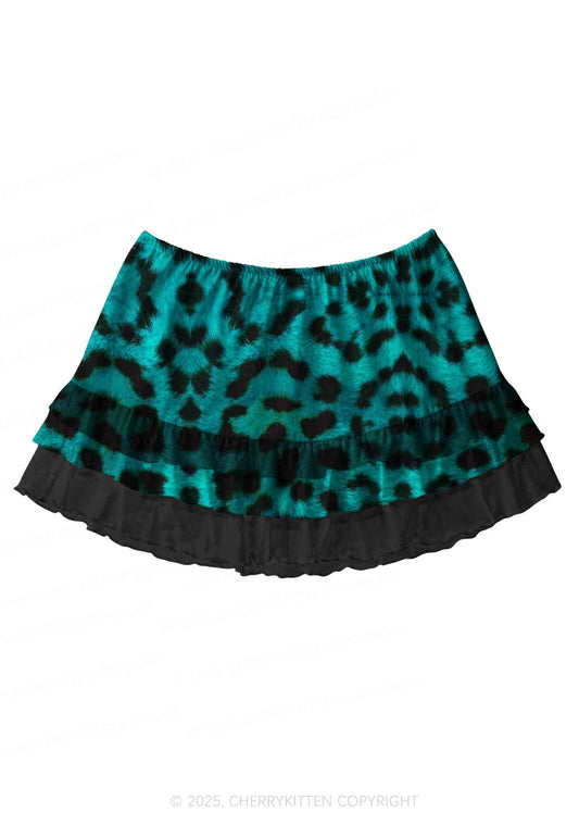 Green Leopard Y2K Print Mini Layered Skirt Cherrykitten