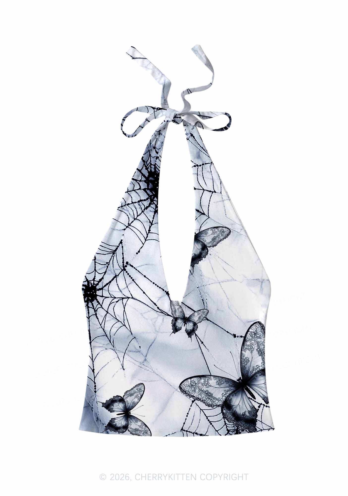 Web And Butterflies Y2K Print Halter Deep V Neck Cami Cherrykitten