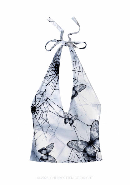 Web And Butterflies Y2K Print Halter Deep V Neck Cami Cherrykitten