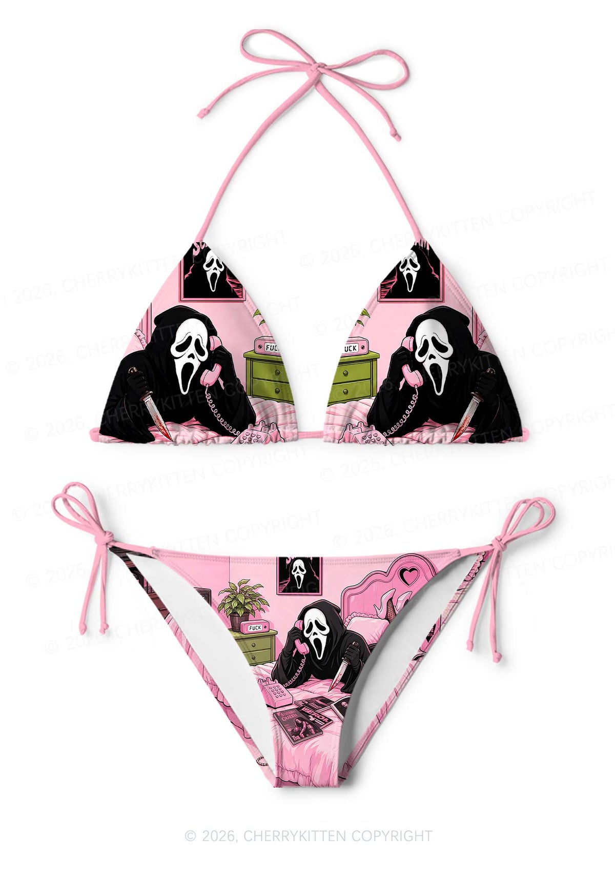 Halloween Skeleton Calling Y2K Print Bikini Set Cherrykitten