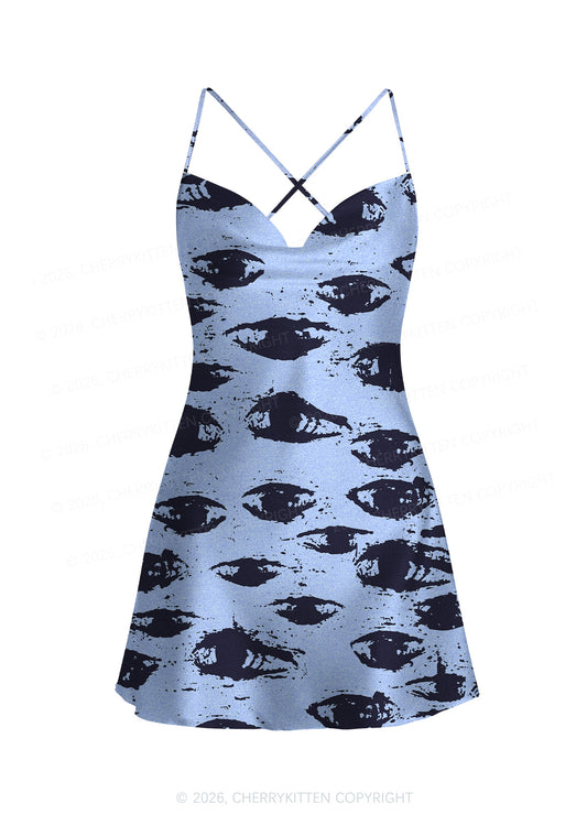 Eyes In The Blue Y2K Print Satin Cowl Neck Slip Dress Cherrykitten