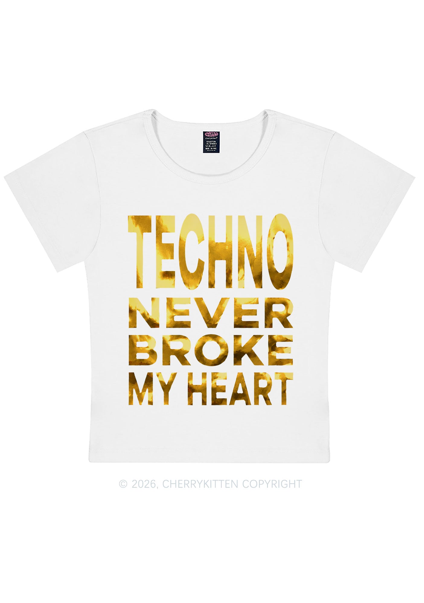 Techno Broke Heart Silver Foil Printed Y2K Baby Tee Cherrykitten