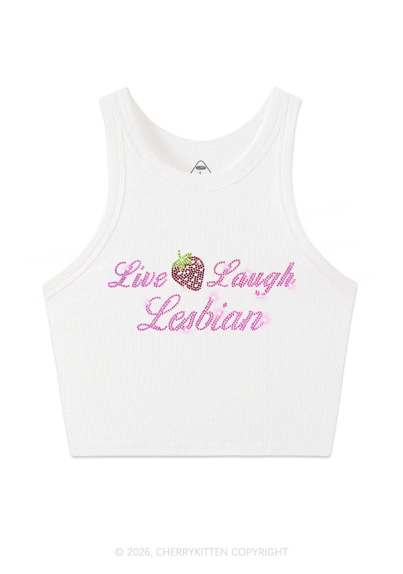 Rhinestone Live Laugh Lesbian Strawberry Pride Y2K Crop Tank Top Cherrykitten