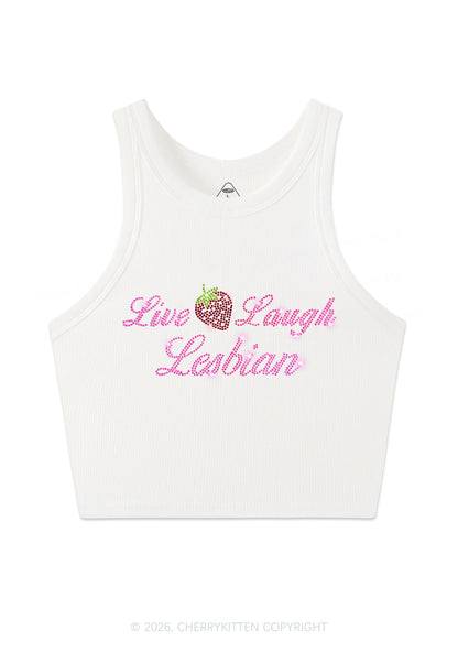 Rhinestone Live Laugh Lesbian Strawberry Pride Y2K Crop Tank Top Cherrykitten