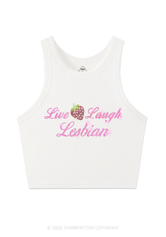 Rhinestone Live Laugh Lesbian Strawberry Pride Y2K Crop Tank Top Cherrykitten