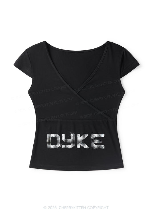 Rhinestone Dyke Pride Y2K Wrap V Neck T Shirts Cherrykitten