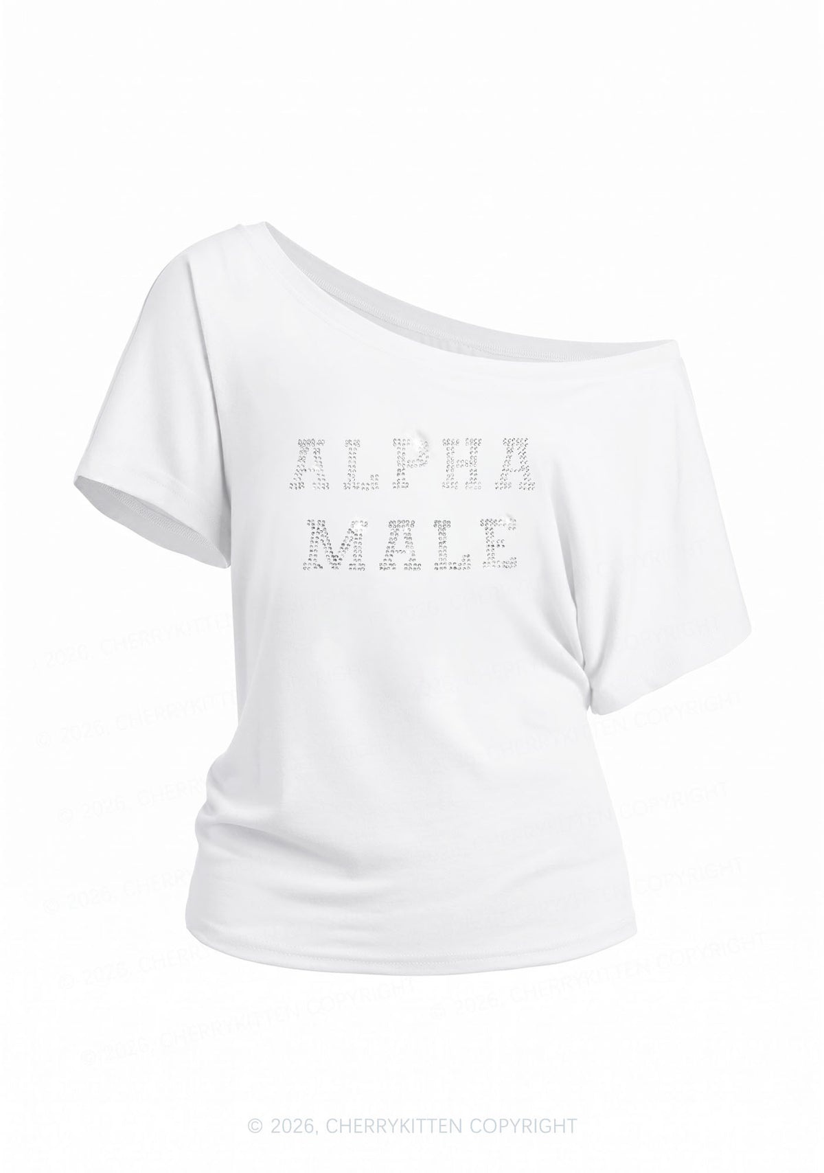 Rhinestone Alpha Male Y2K Off Shoulder Tee Cherrykitten