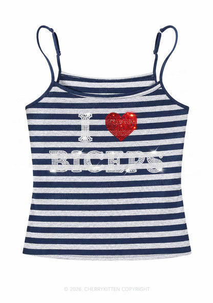 Rhinestone I Love Biceps Y2K Navy Grey Striped Spaghetti Strap Cami Cherrykitten