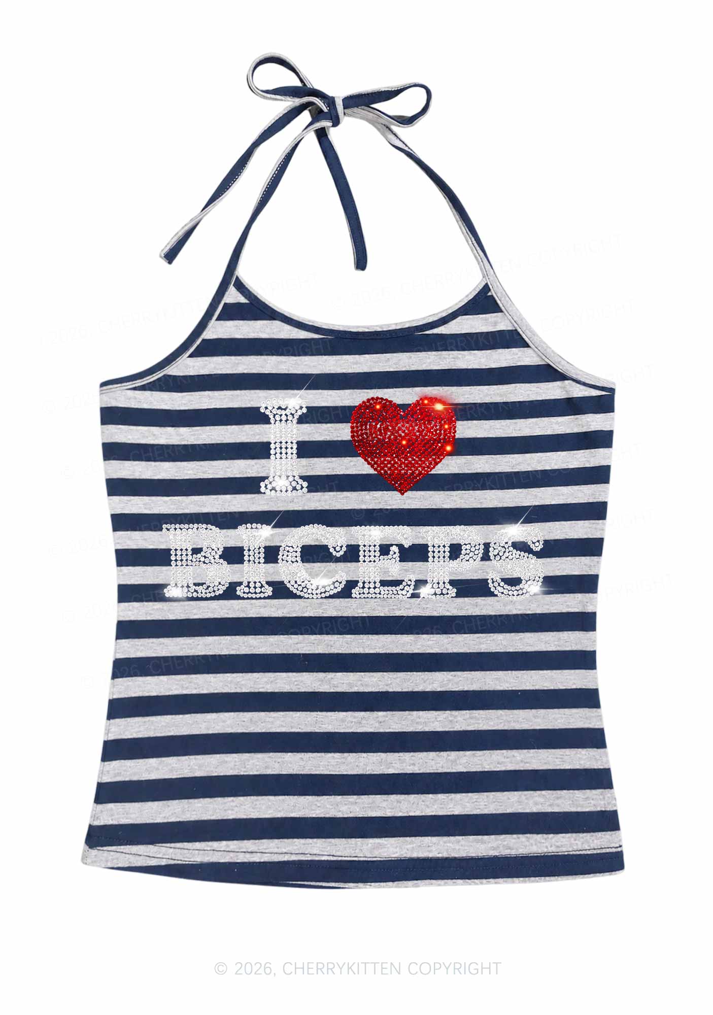 Rhinestone I Love Biceps Y2K Navy Grey Striped Halter Neck Cami Cherrykitten