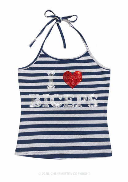 Rhinestone I Love Biceps Y2K Navy Grey Striped Halter Neck Cami Cherrykitten