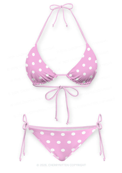 Pink And White Dots Y2K Print Bikini Set Cherrykitten