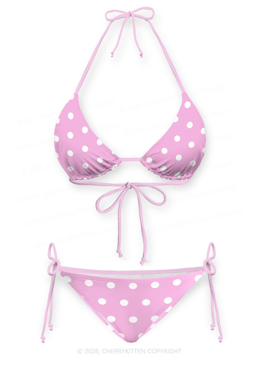 Pink And White Dots Y2K Print Bikini Set Cherrykitten
