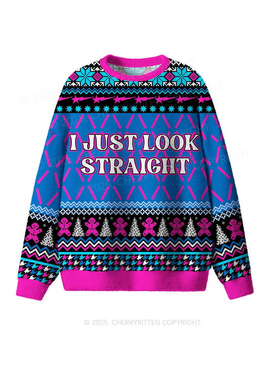 I Just Look Straight Y2K Christmas Knit Sweatshirt Cherrykitten