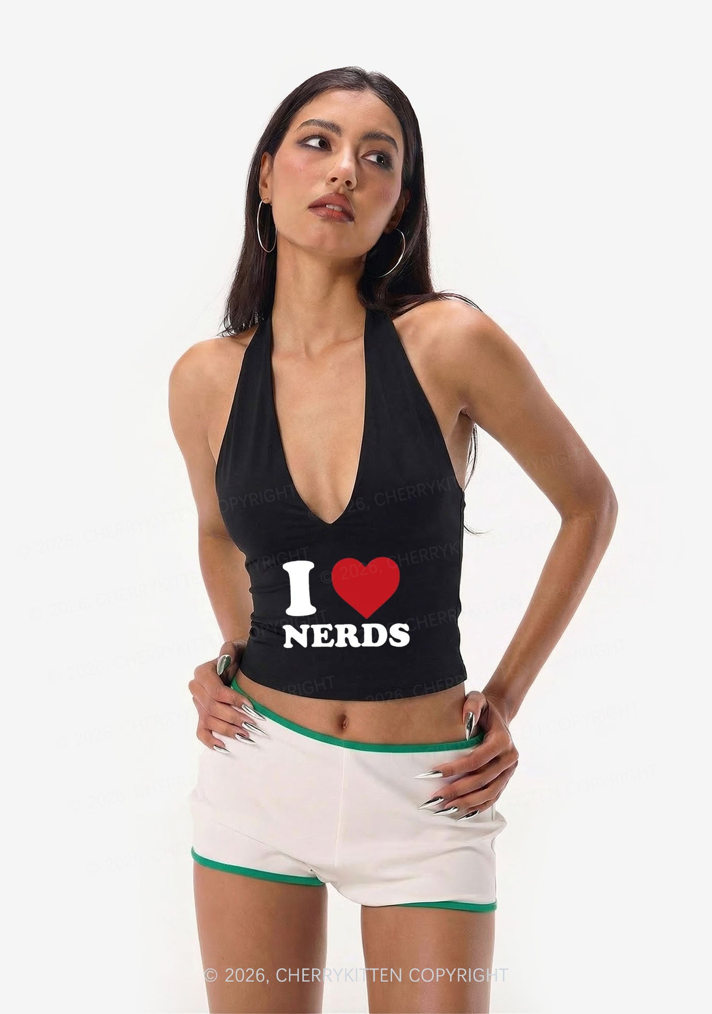 I Love Nerds Y2K Halter Deep V Neck Cami Cherrykitten