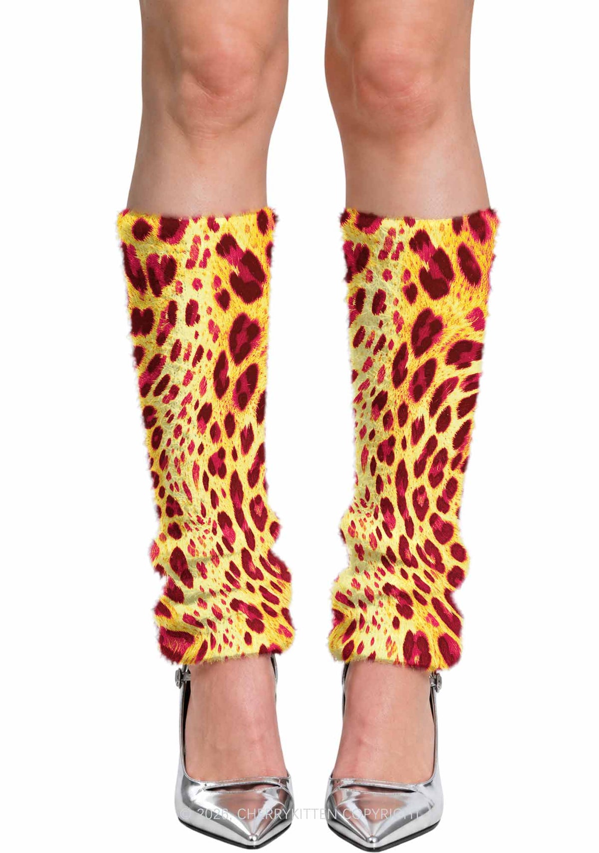 Yellow And Burgundy Leopard Y2K Print Fuzzy Straight Leg Warmers Cherrykitten