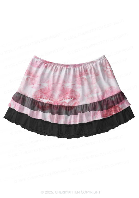 Pink Kisses Y2K Print Mini Layered Skirt Cherrykitten