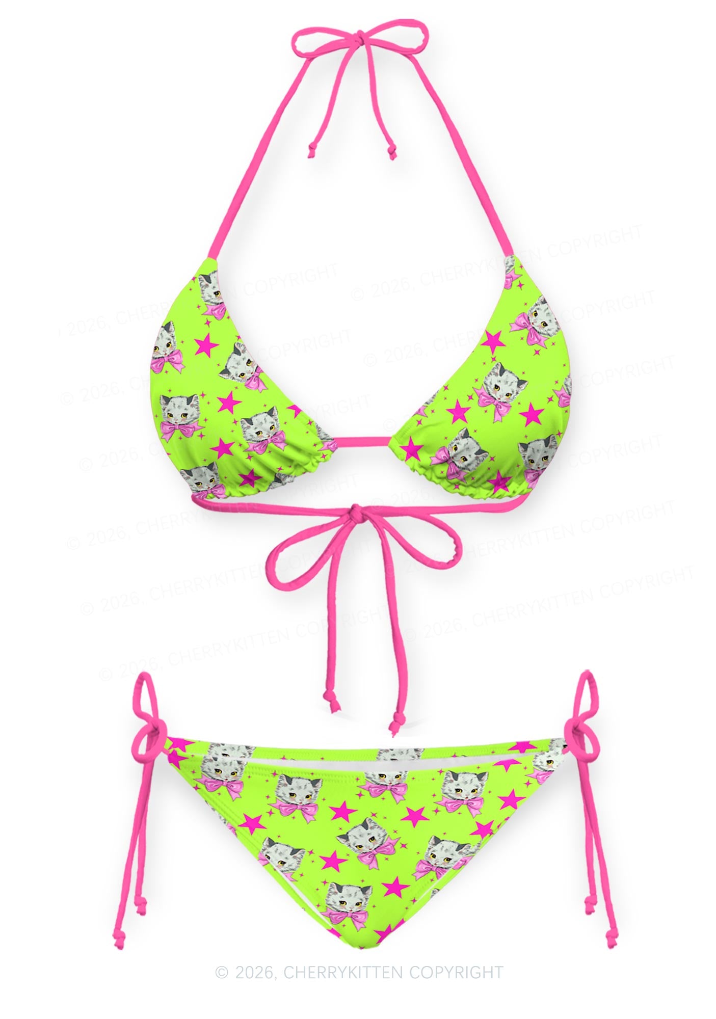 Pink Bow Cats Star Y2K Print Bikini Set Cherrykitten