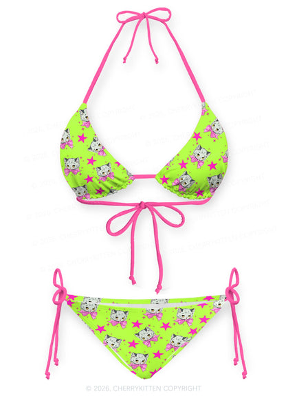 Pink Bow Cats Star Y2K Print Bikini Set Cherrykitten