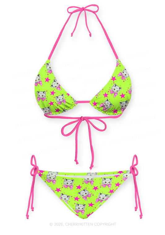 Pink Bow Cats Star Y2K Print Bikini Set Cherrykitten